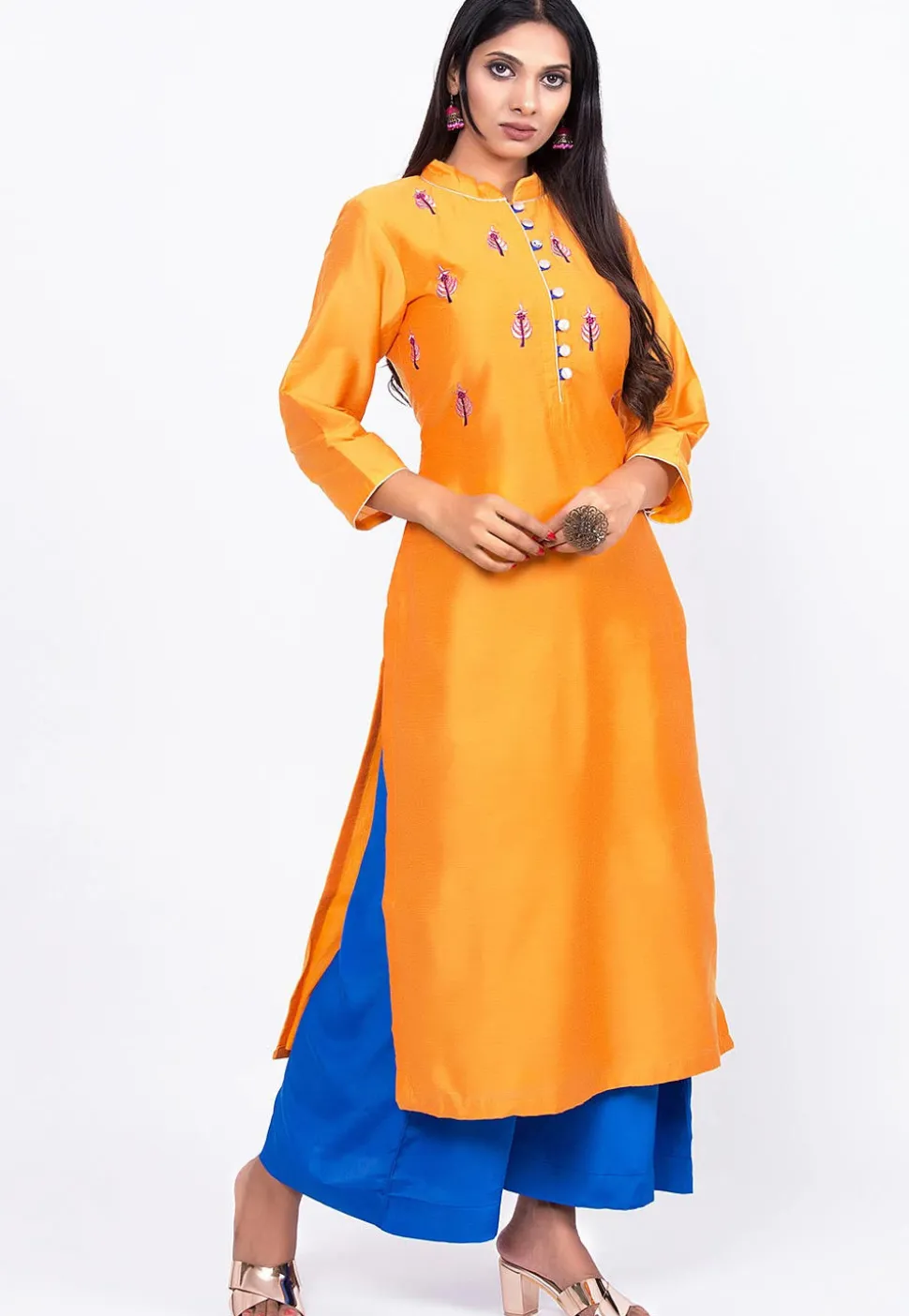 Embroidered Cotton Silk Straight Kurta in Mustard
