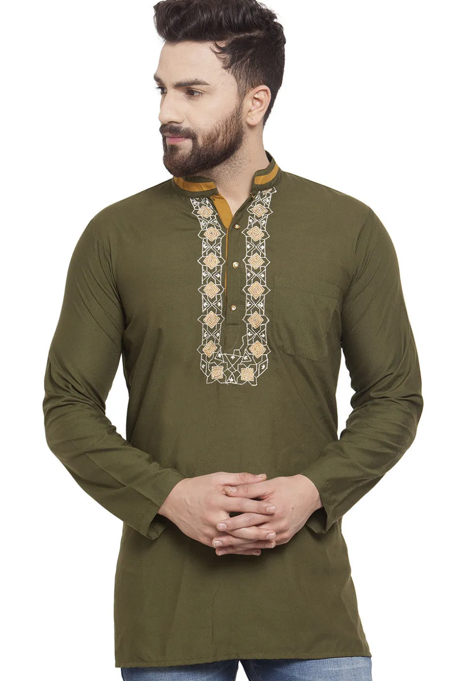 Embroidered Cotton Silk Short Kurta in Olive Green