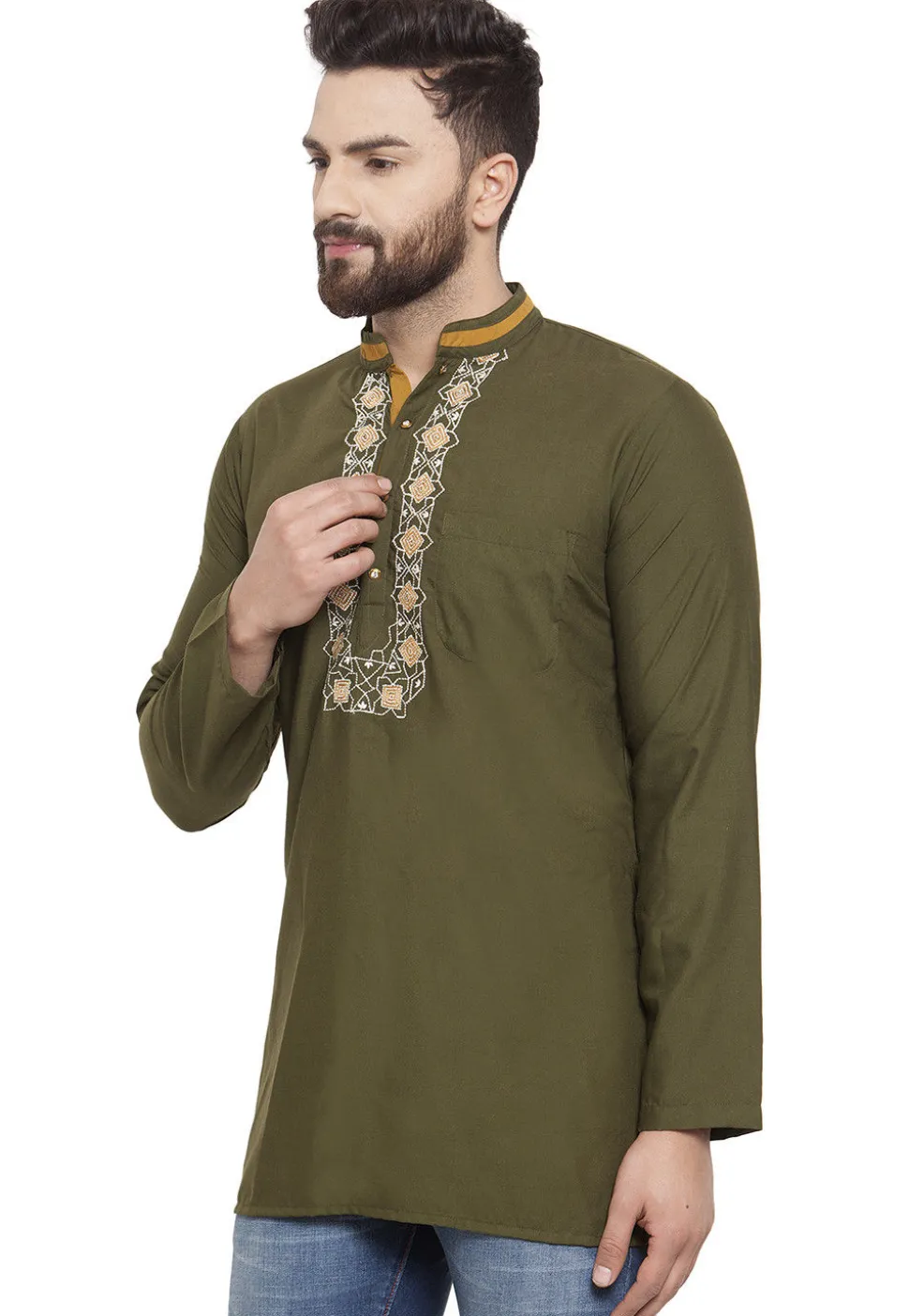 Embroidered Cotton Silk Short Kurta in Olive Green