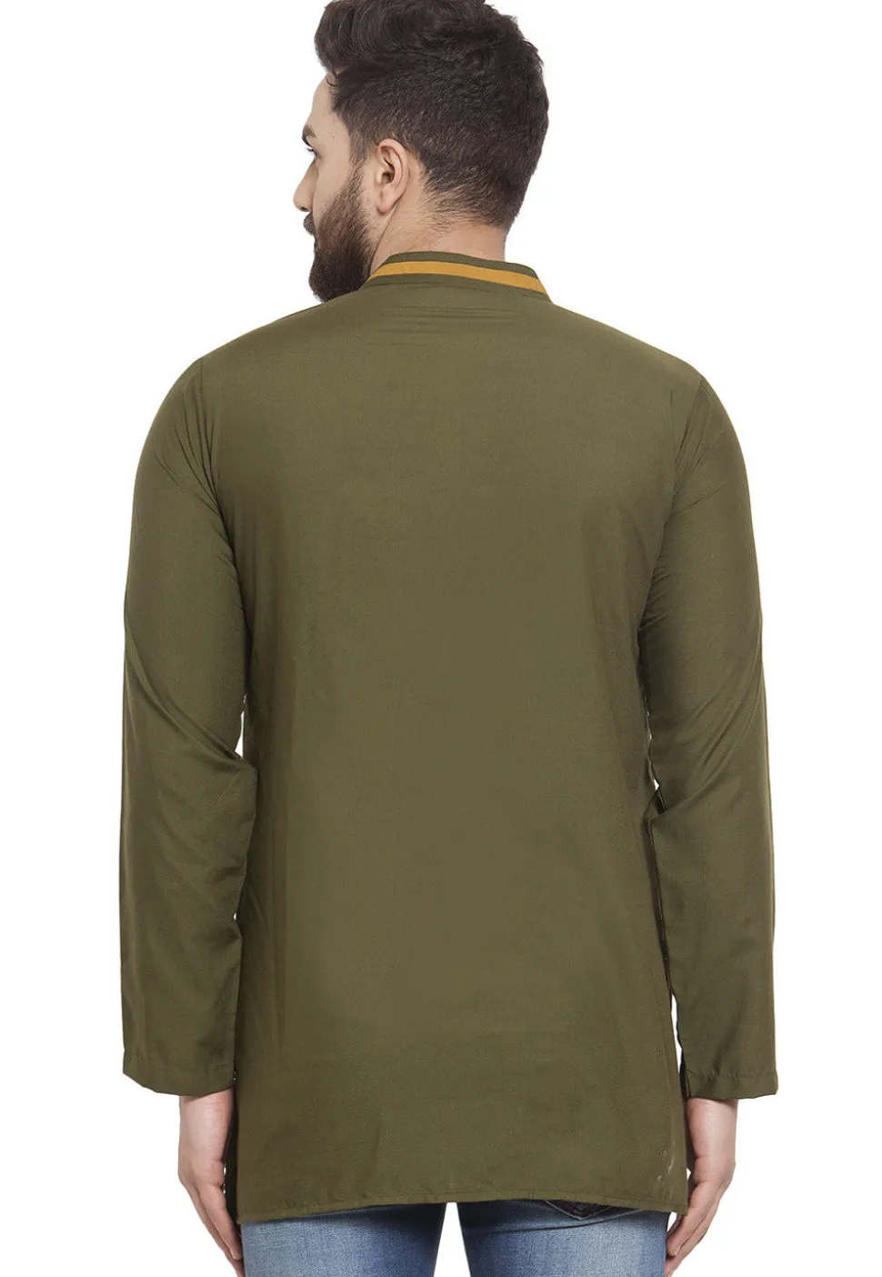Embroidered Cotton Silk Short Kurta in Olive Green