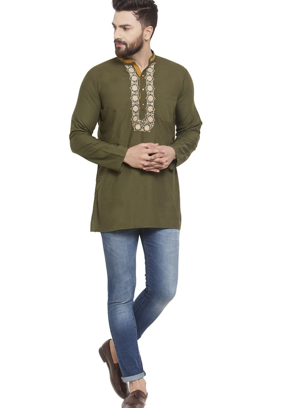 Embroidered Cotton Silk Short Kurta in Olive Green