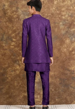 Embroidered Cotton Silk Sherwani in Purple