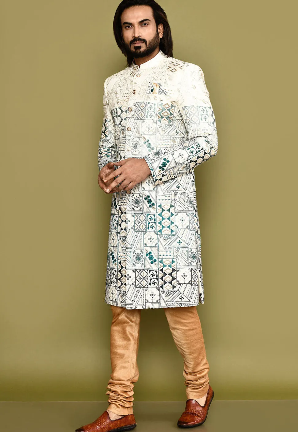 Embroidered Cotton Silk Sherwani in White