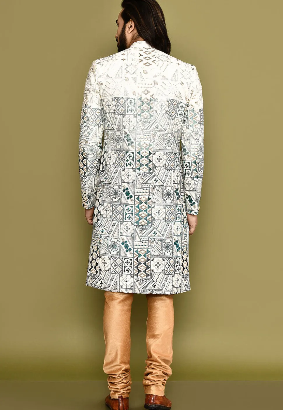 Embroidered Cotton Silk Sherwani in White