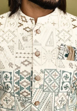 Embroidered Cotton Silk Sherwani in White