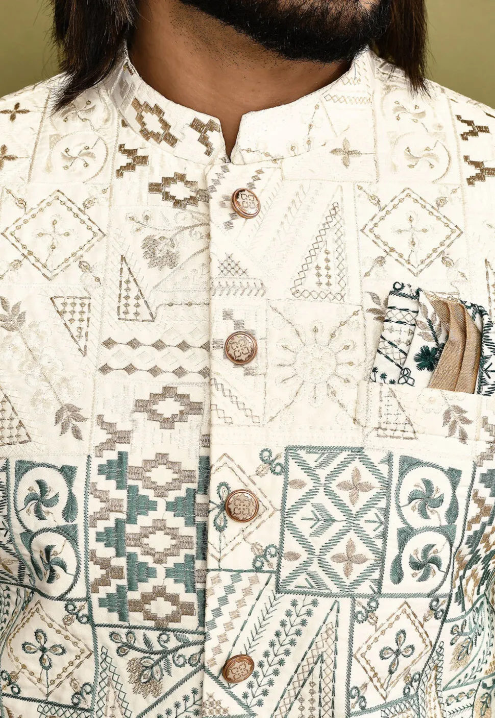 Embroidered Cotton Silk Sherwani in White