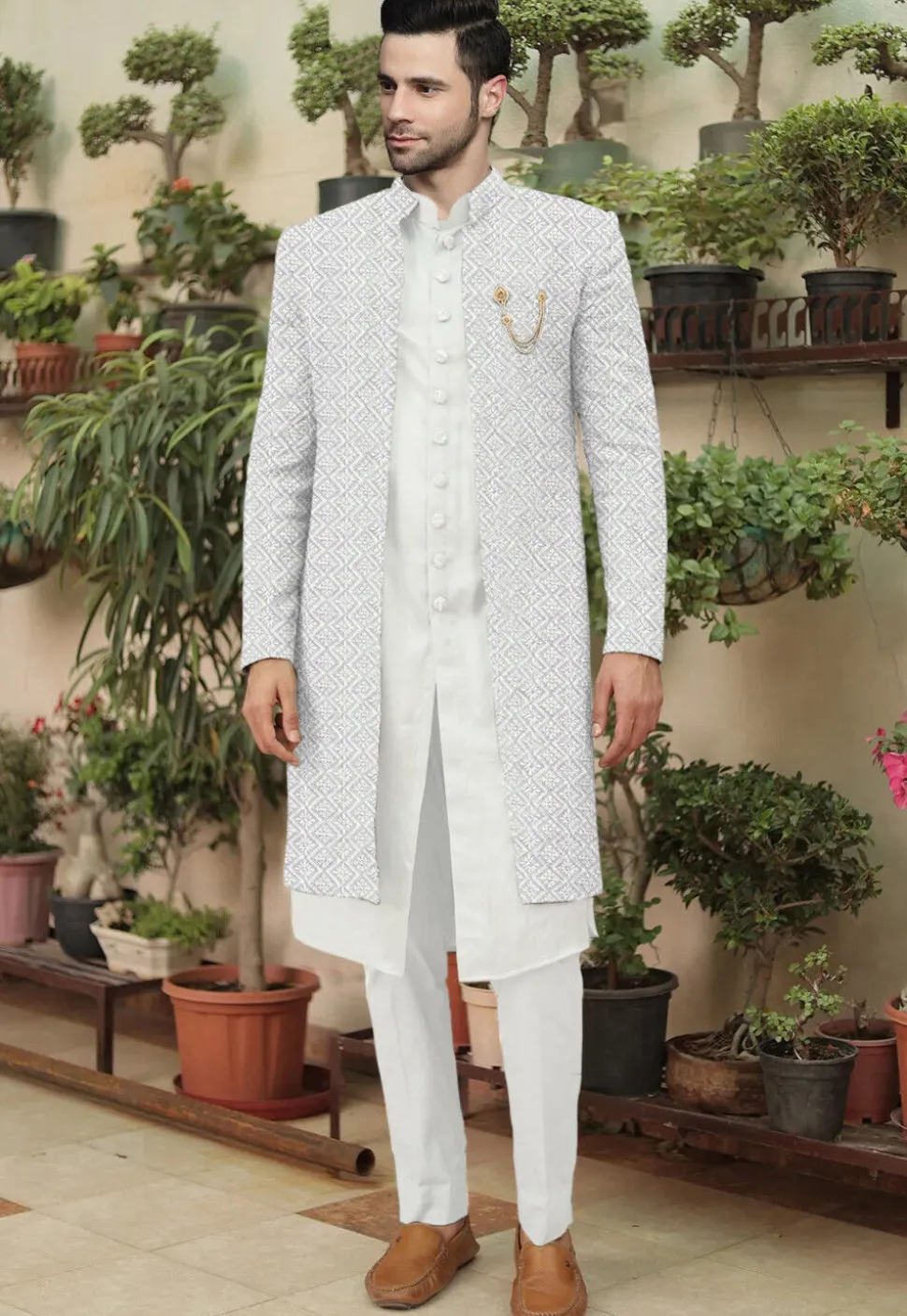 Embroidered Cotton Silk Sherwani in Off White