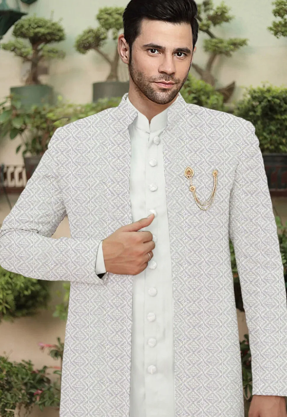 Embroidered Cotton Silk Sherwani in Off White
