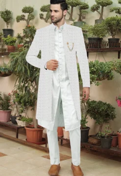 Embroidered Cotton Silk Sherwani in Off White