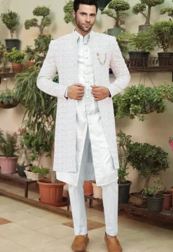 Embroidered Cotton Silk Sherwani in Off White