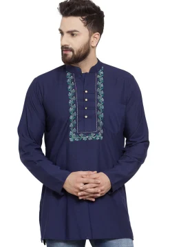 Embroidered Cotton Silk Short Kurta in Navy Blue