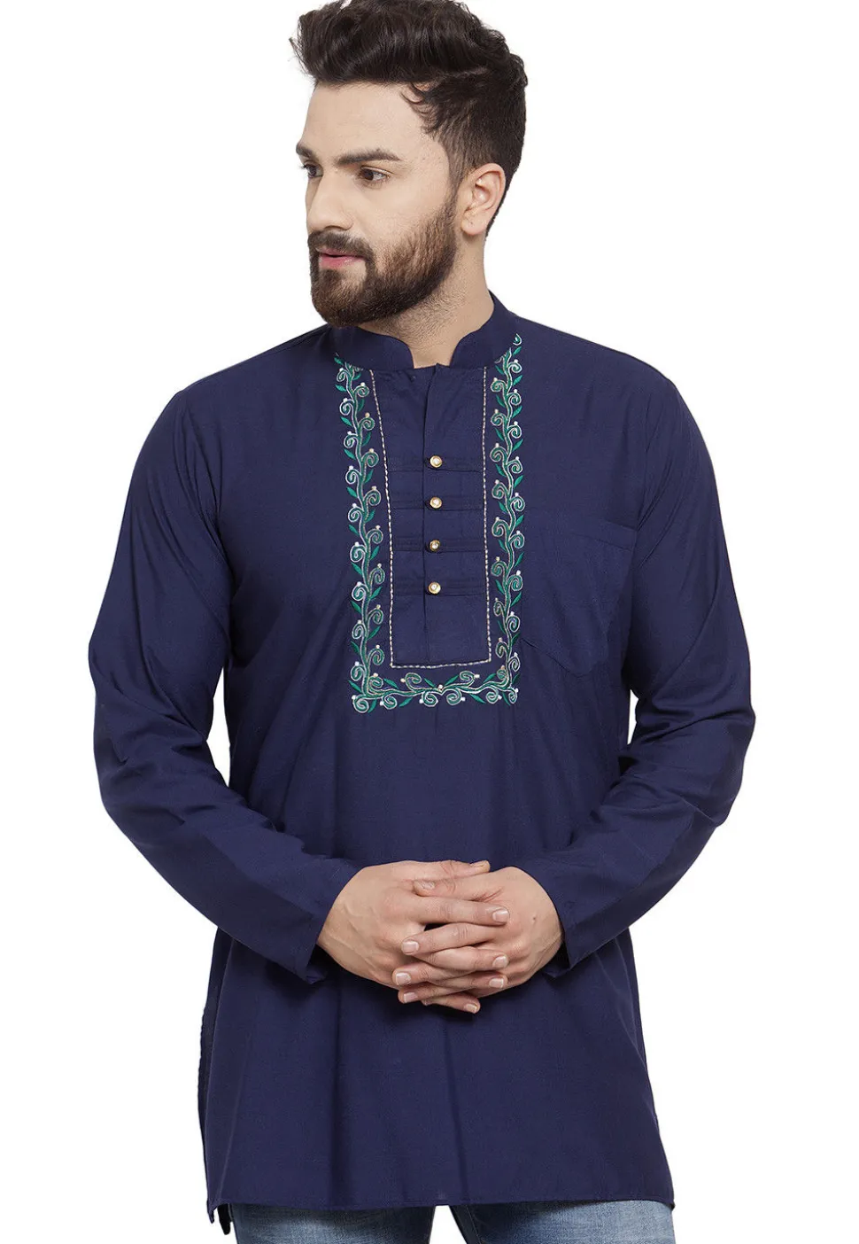 Embroidered Cotton Silk Short Kurta in Navy Blue