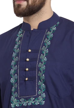Embroidered Cotton Silk Short Kurta in Navy Blue