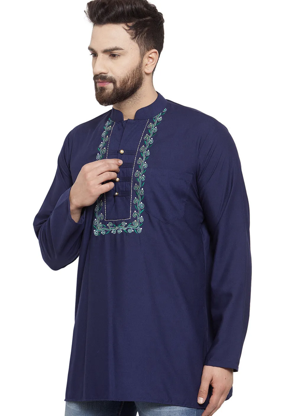 Embroidered Cotton Silk Short Kurta in Navy Blue