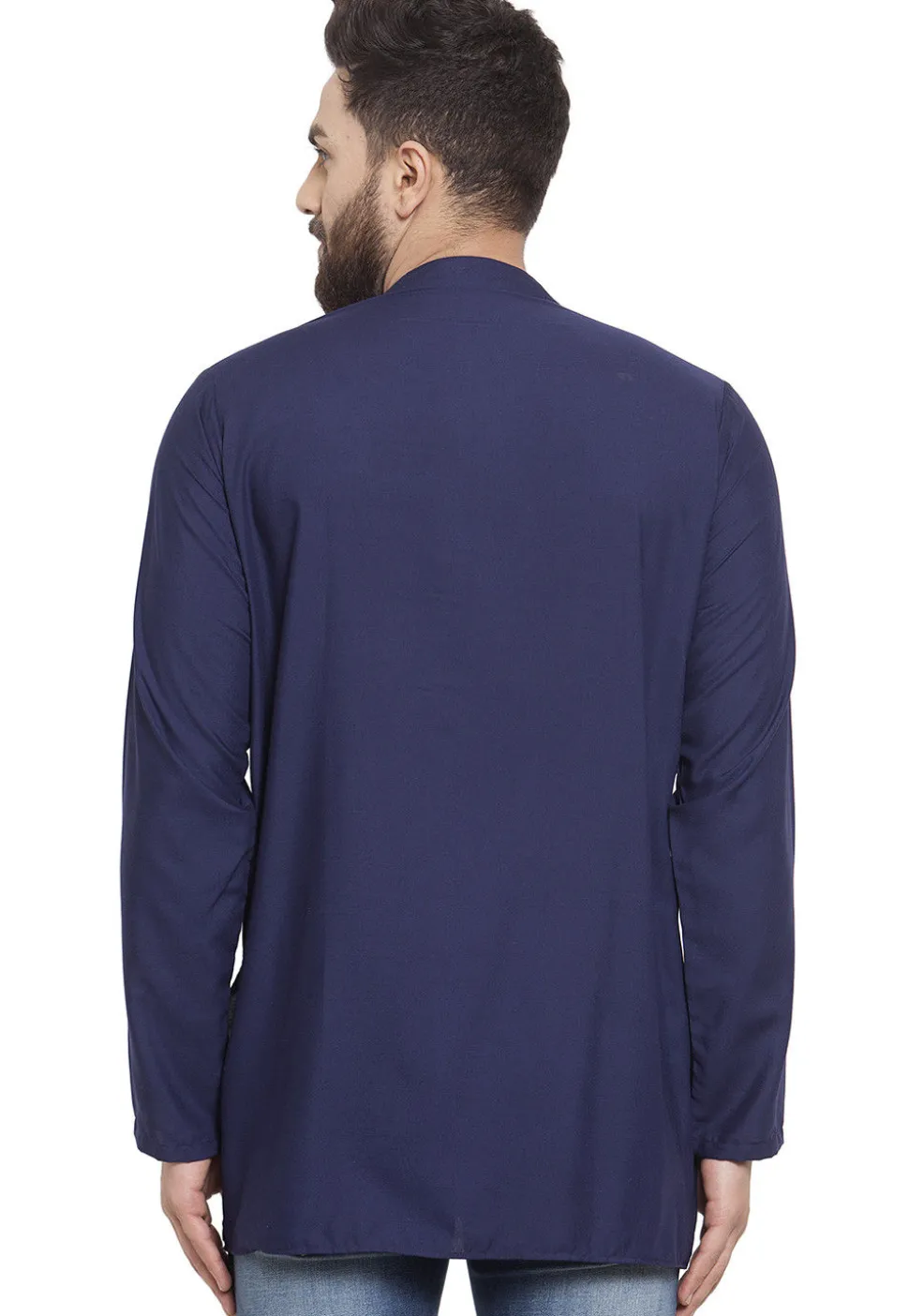 Embroidered Cotton Silk Short Kurta in Navy Blue