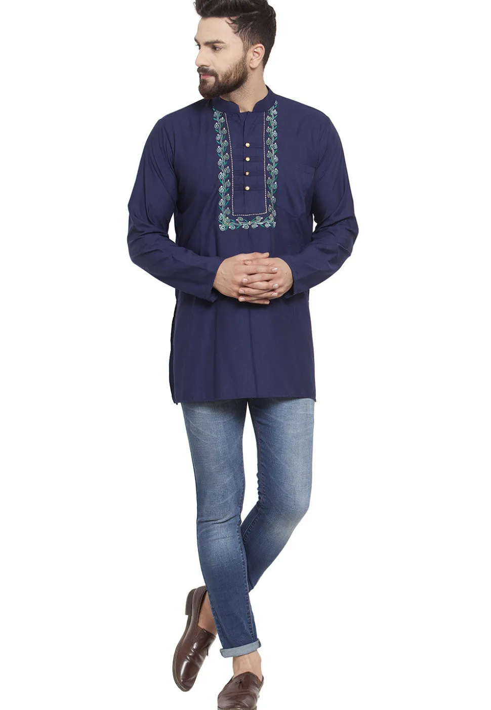 Embroidered Cotton Silk Short Kurta in Navy Blue