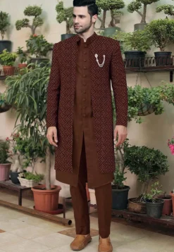 Embroidered Cotton Silk Sherwani in Brown