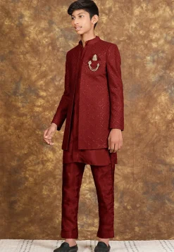 Embroidered Cotton Silk Sherwani in Maroon