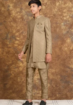 Embroidered Cotton Silk Sherwani in Beige