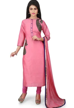 Embroidered Cotton Silk Straight Suit in Pink