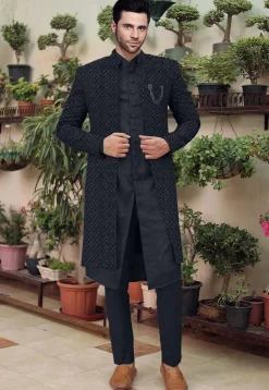 Embroidered Cotton Silk Sherwani in Black