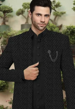 Embroidered Cotton Silk Sherwani in Black