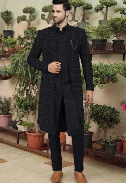 Embroidered Cotton Silk Sherwani in Black