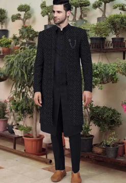 Embroidered Cotton Silk Sherwani in Black
