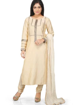 Embroidered Cotton Silk Straight Cut Suit in Beige