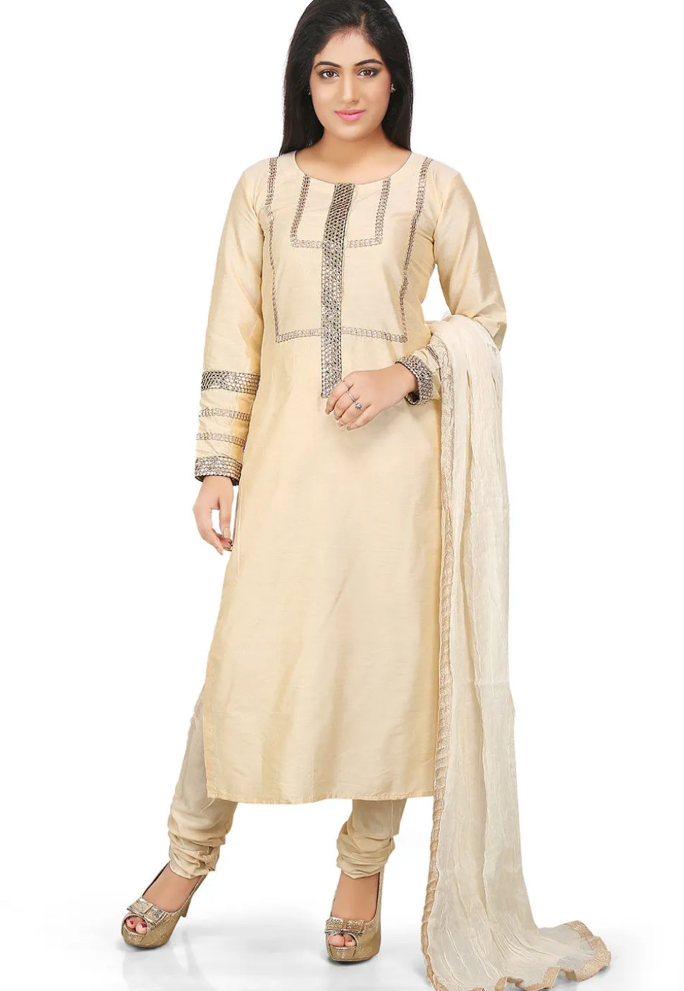 Embroidered Cotton Silk Straight Cut Suit in Beige