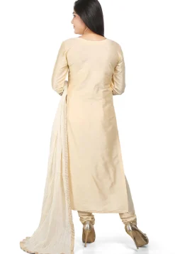 Embroidered Cotton Silk Straight Cut Suit in Beige