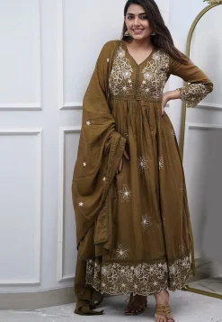 Embroidered Cotton Silk Scalloped Anarkali Suit in Olive Green