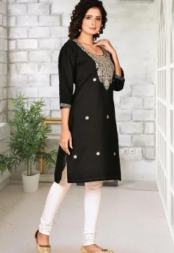 Embroidered Cotton Silk Straight Kurta in Black