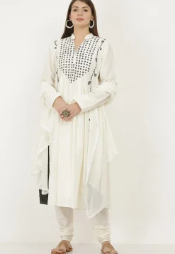 Embroidered Cotton Silk Straight Suit in Off White