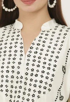 Embroidered Cotton Silk Straight Suit in Off White