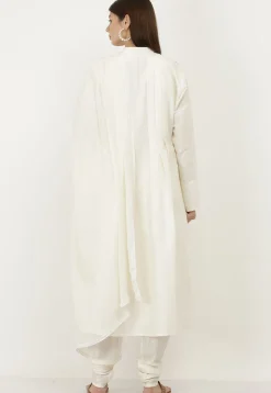 Embroidered Cotton Silk Straight Suit in Off White