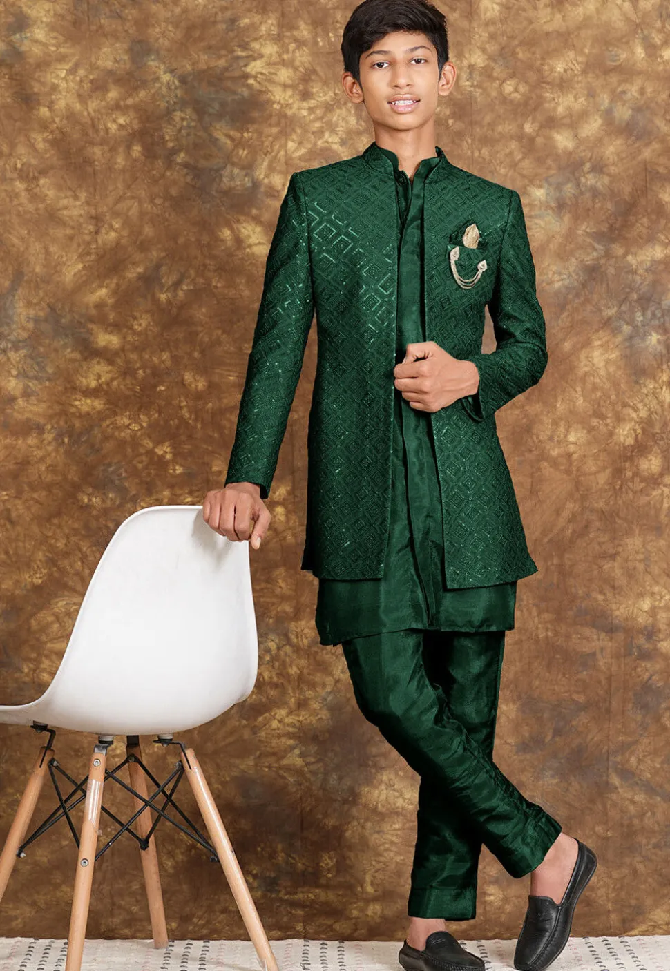 Embroidered Cotton Silk Sherwani in Dark Green