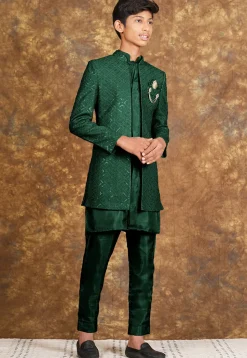 Embroidered Cotton Silk Sherwani in Dark Green