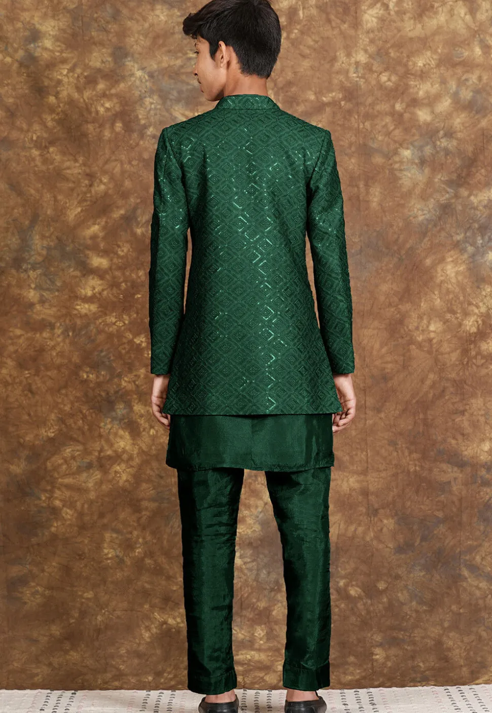 Embroidered Cotton Silk Sherwani in Dark Green