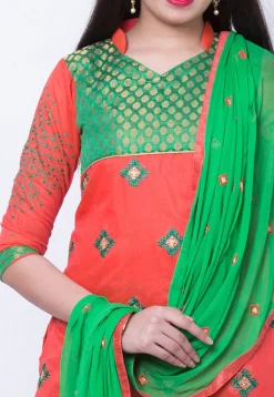 Embroidered Cotton Silk Straight Suit in Orange