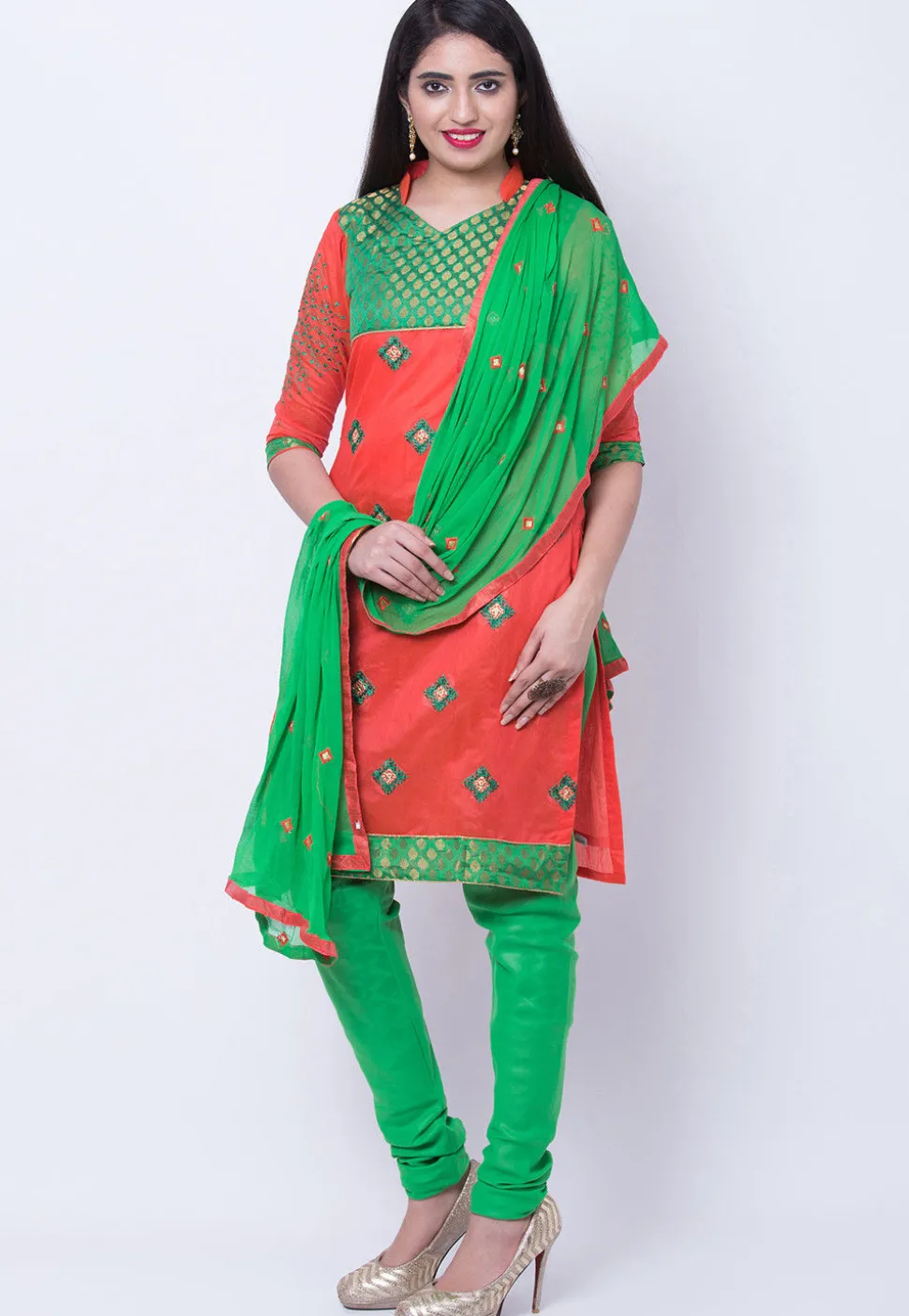 Embroidered Cotton Silk Straight Suit in Orange