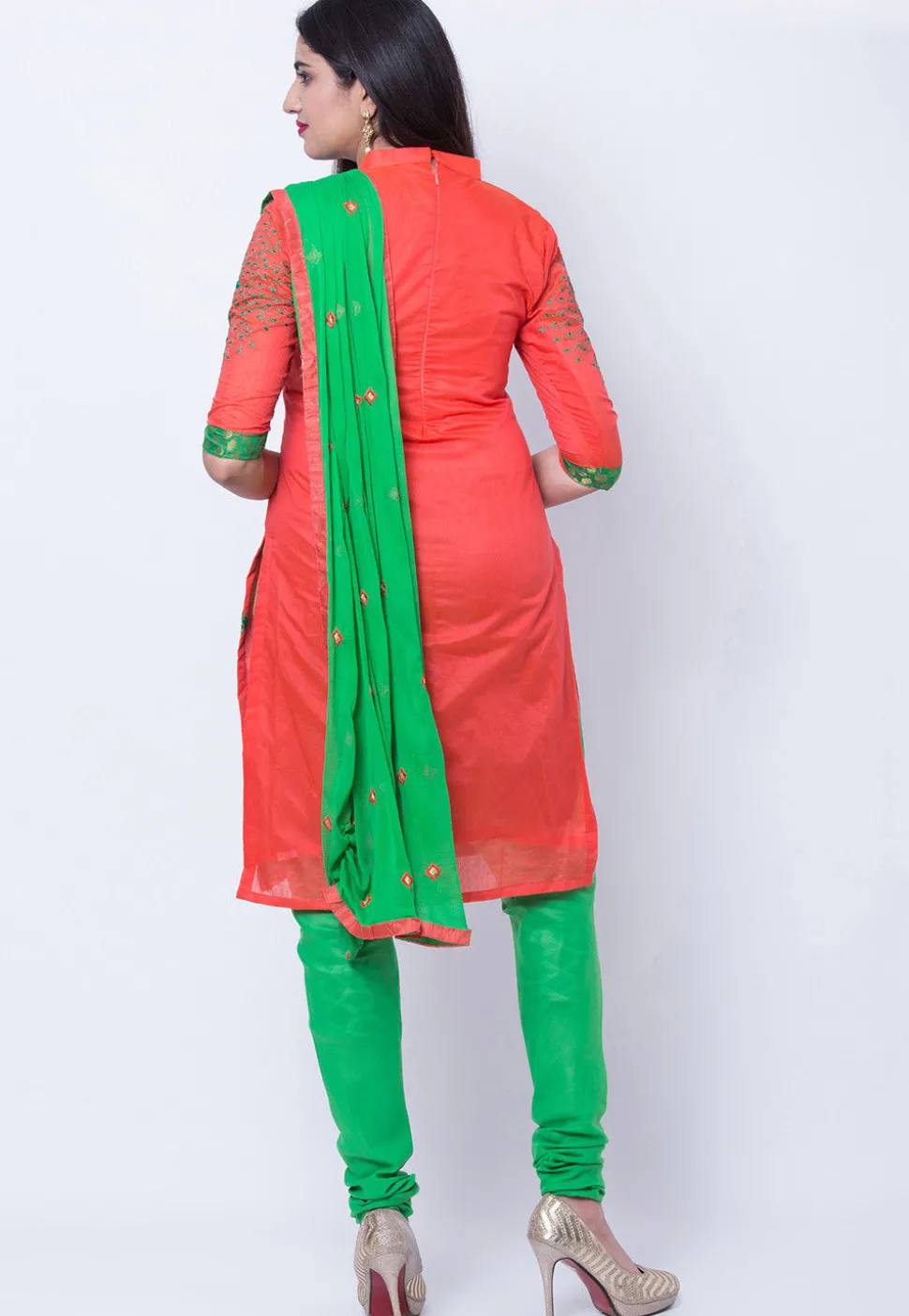 Embroidered Cotton Silk Straight Suit in Orange