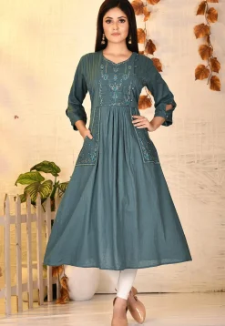 Embroidered Cotton Slub A Line Kurta in Dusty Blue
