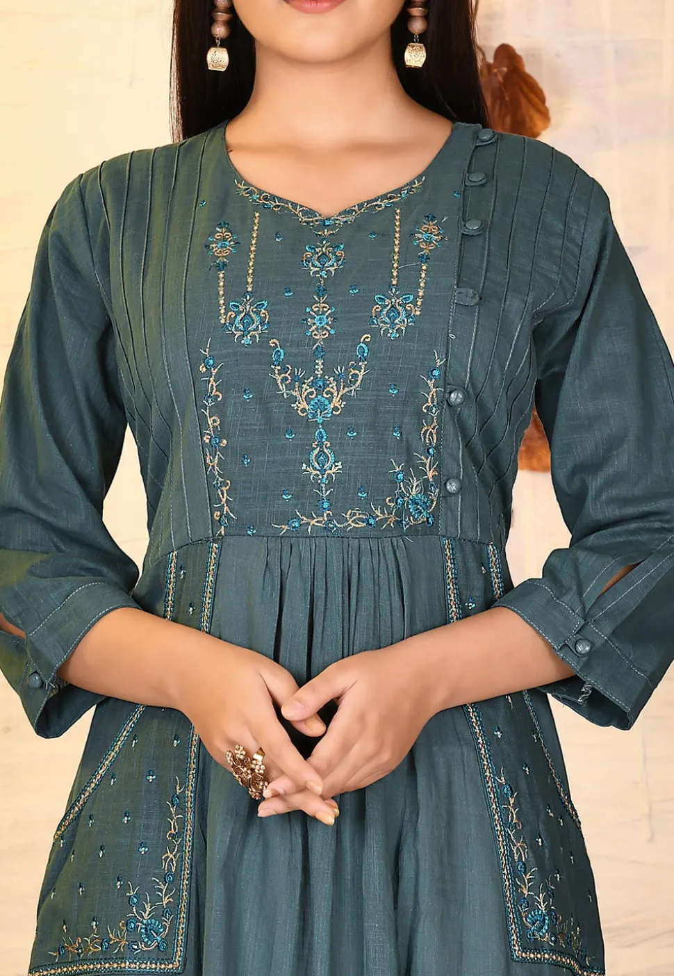 Embroidered Cotton Slub A Line Kurta in Dusty Blue