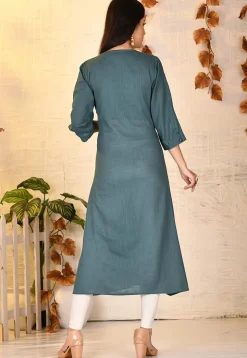 Embroidered Cotton Slub A Line Kurta in Dusty Blue