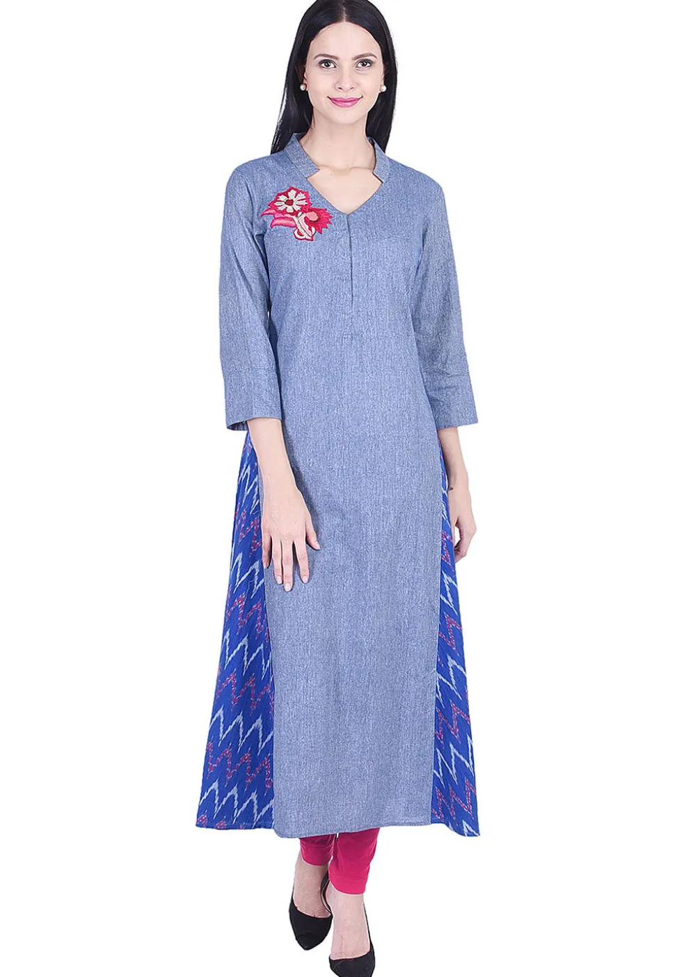 Embroidered Cotton Slub A Line Kurta in Blue