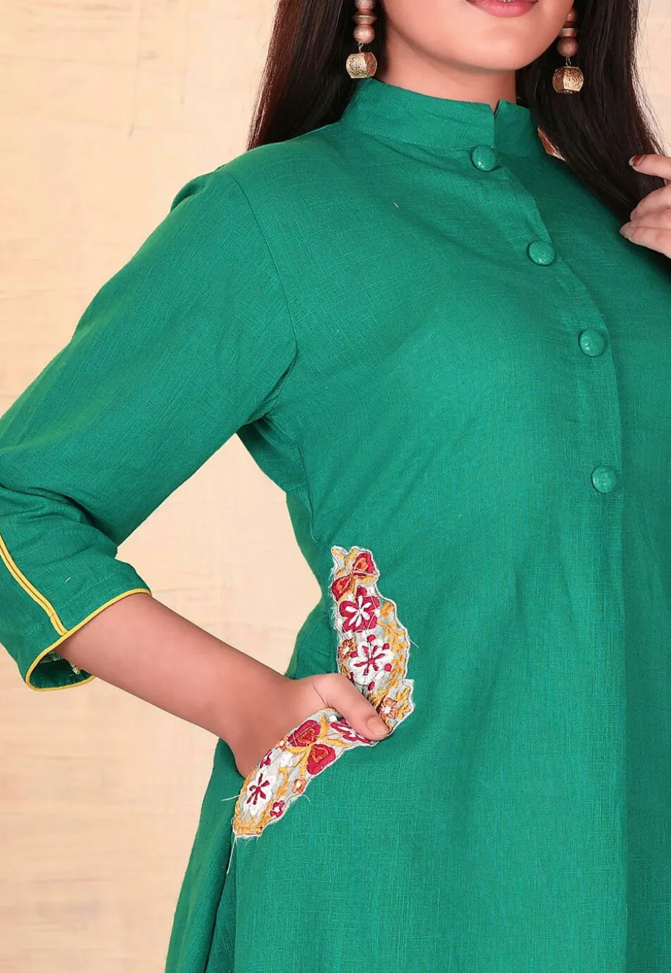 Embroidered Cotton Slub A Line Kurti in Teal Blue