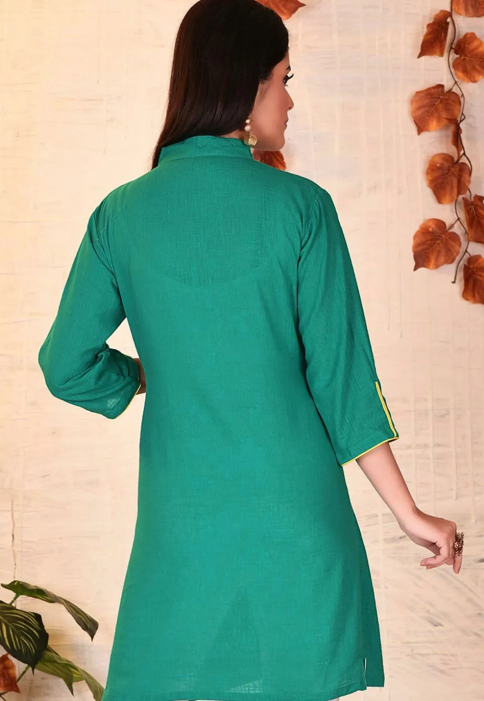 Embroidered Cotton Slub A Line Kurti in Teal Blue
