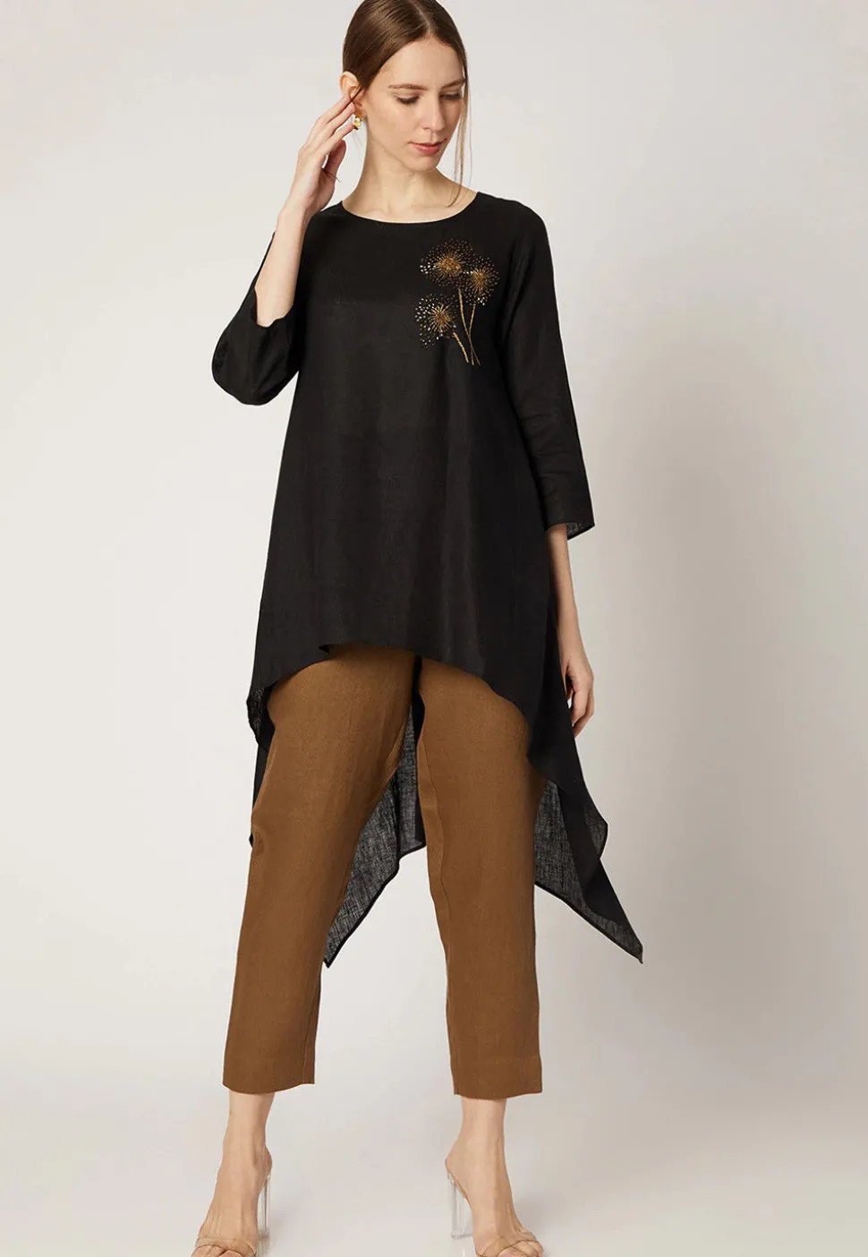 Embroidered Cotton Slub Kurta with Pant in Black