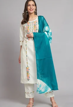 Embroidered Cotton Slub Pakistani Suit in Off White